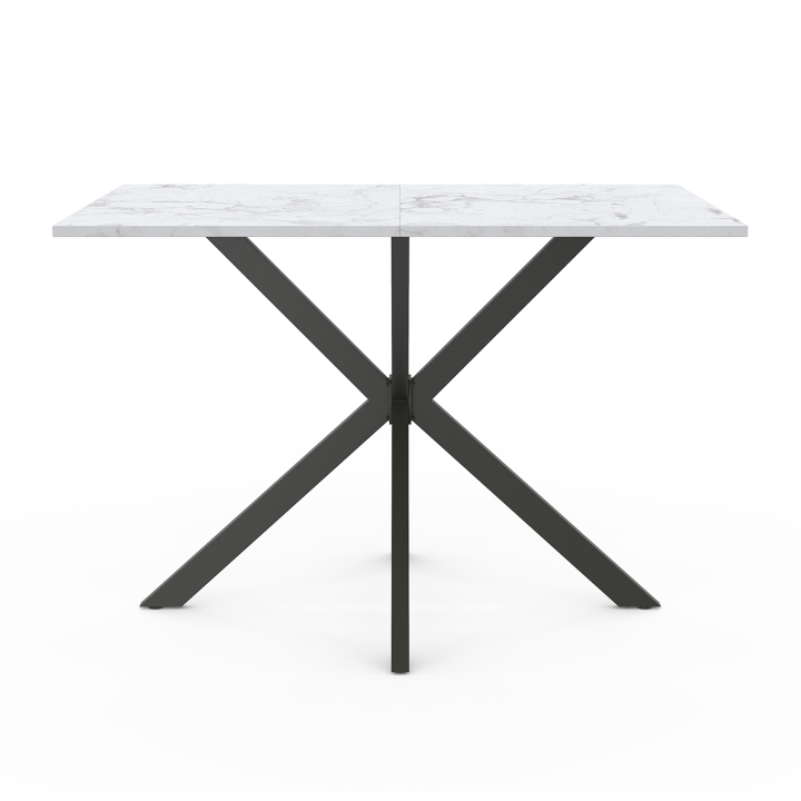 Table à manger rectangle ALIX 4-6 personnes pied araignée métal noir et plateau effet marbre blanc ALASKA 110 cm