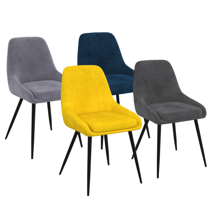 Lot de 4 chaises THALYA en velours mix color bleu, gris clair, gris foncé, jaune avec accoudoirs