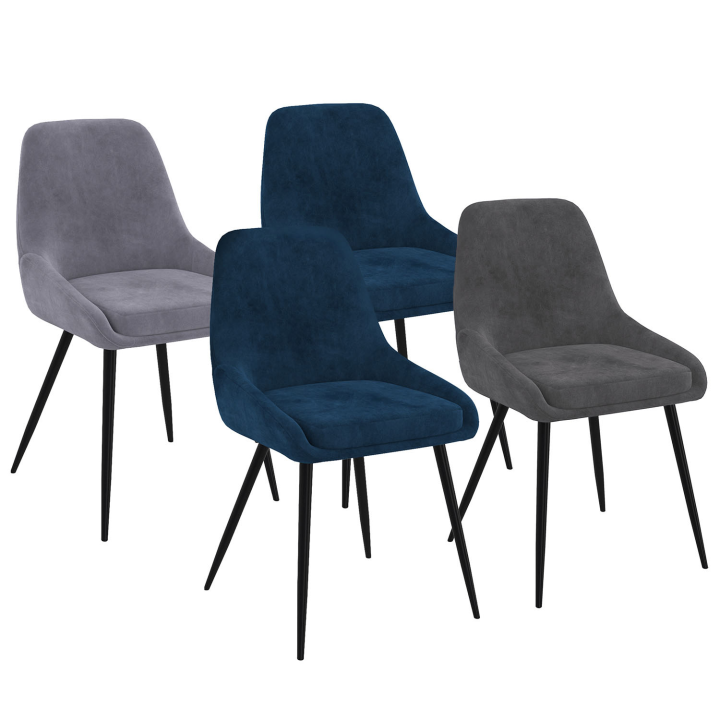 Lot de 4 chaises THALYA en velours mix color bleu x2, gris clair, gris foncé avec accoudoirs