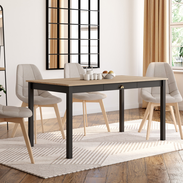 Mesa de comedor rectangular de madera y negro para 6 con cajón - ISIS | ID Market