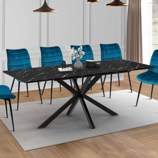 Table à manger extensible rectangle ALIX 6-10 personnes pied araignée métal noir et plateau effet marbre noir ALASKA 160-200 cm