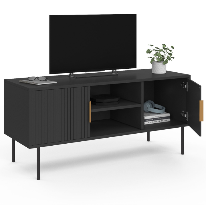 Mueble TV 110 cm madera negro 2 puertas efecto listón - MARCEL | ID Market