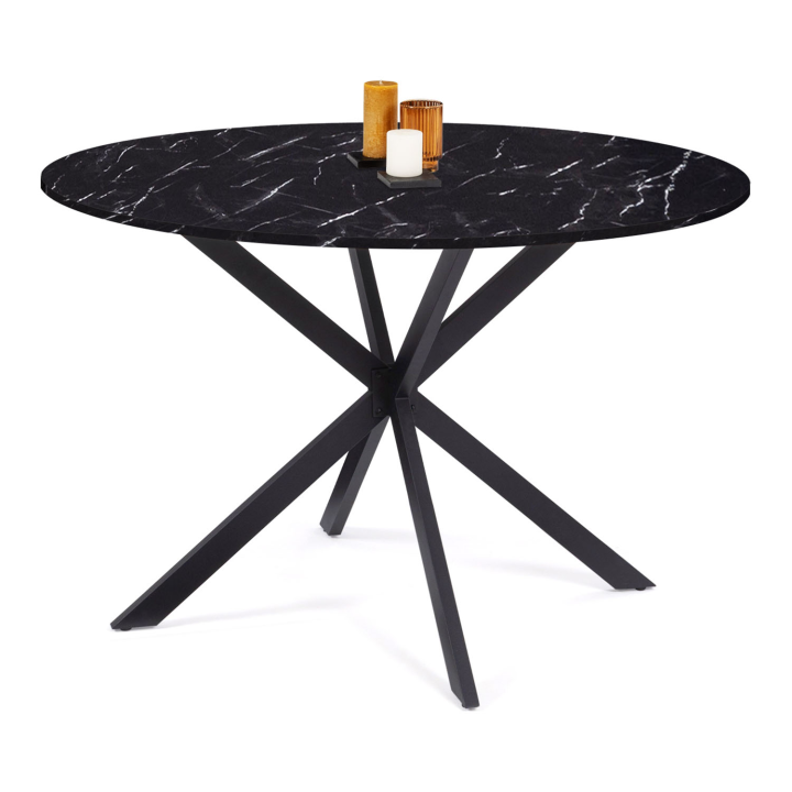 Table à manger ronde ALIX 4-6 personnes pied araignée métal noir et plateau effet marbre noir ALASKA 110 cm