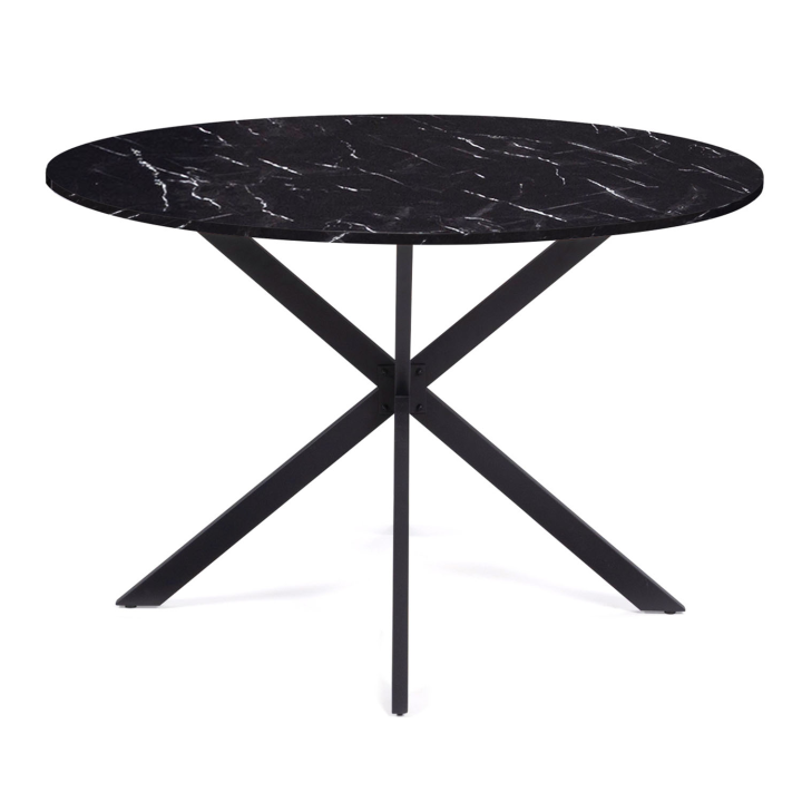 Table à manger ronde ALIX 4-6 personnes pied araignée métal noir et plateau effet marbre noir ALASKA 110 cm