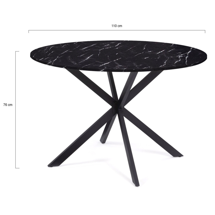 Table à manger ronde ALIX 4-6 personnes pied araignée métal noir et plateau effet marbre noir ALASKA 110 cm