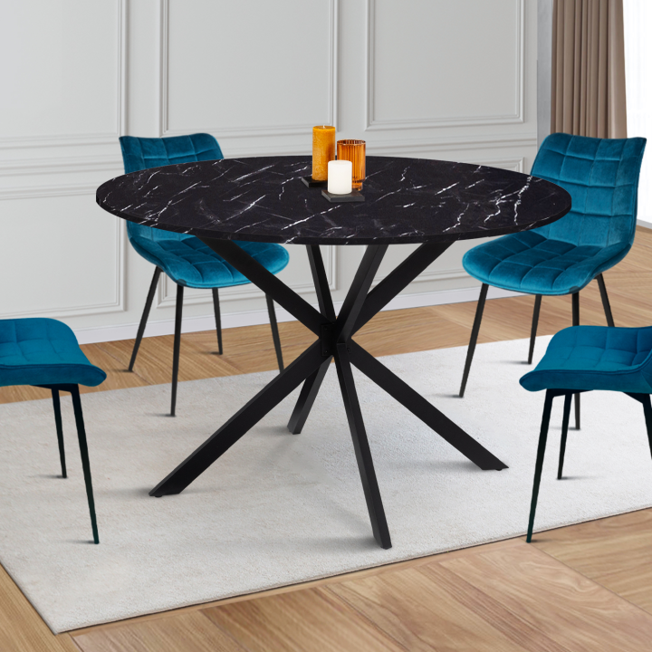 Mesa de comedor redonda efecto mármol negro 4-6 personas 110cm - ALASKA | ID Market