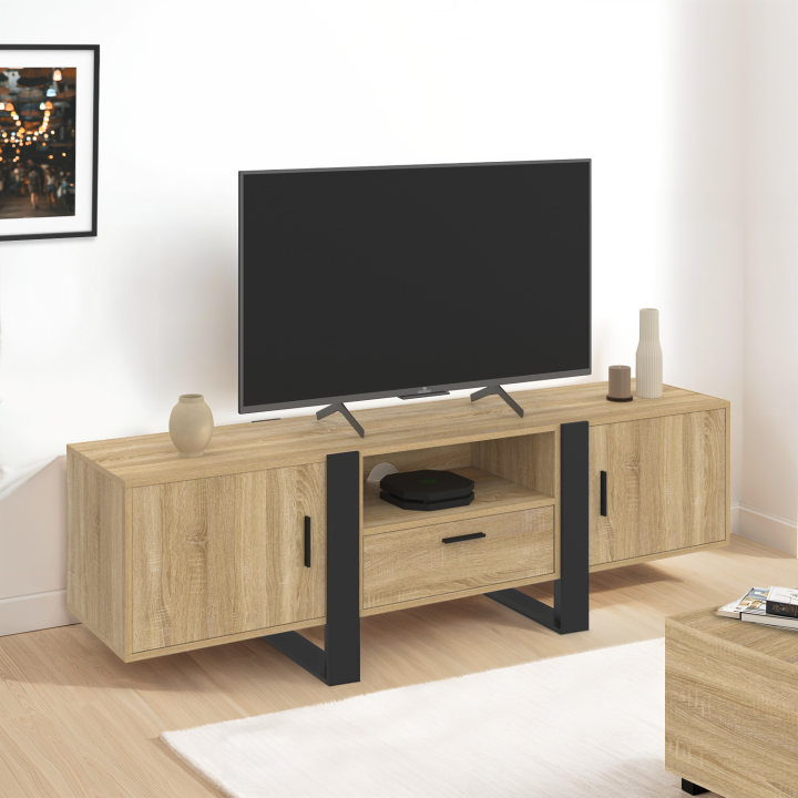 Meuble TV 160 cm PHOENIX avec rangements bois et noir