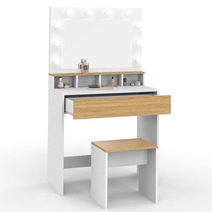 Coiffeuse ZELIA blanc et hêtre miroir LED avec 4 niches, 1 tiroir et tabouret