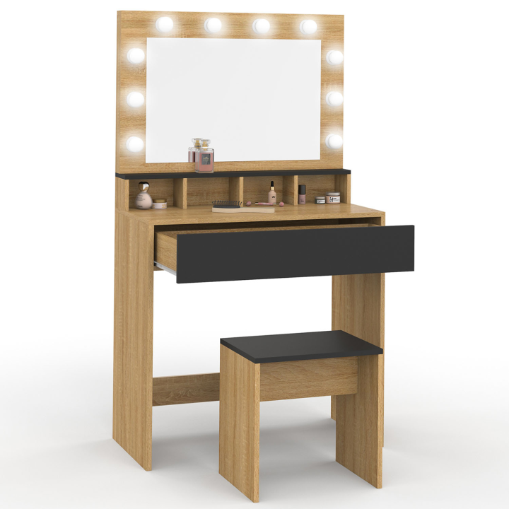 Coiffeuse ZELIA hêtre et noir miroir LED avec 4 niches, 1 tiroir et tabouret