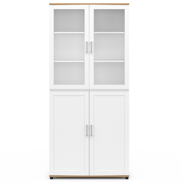 Vitrine buffet haut H. 176 cm vaisselier VITO 4 portes blanc et bois