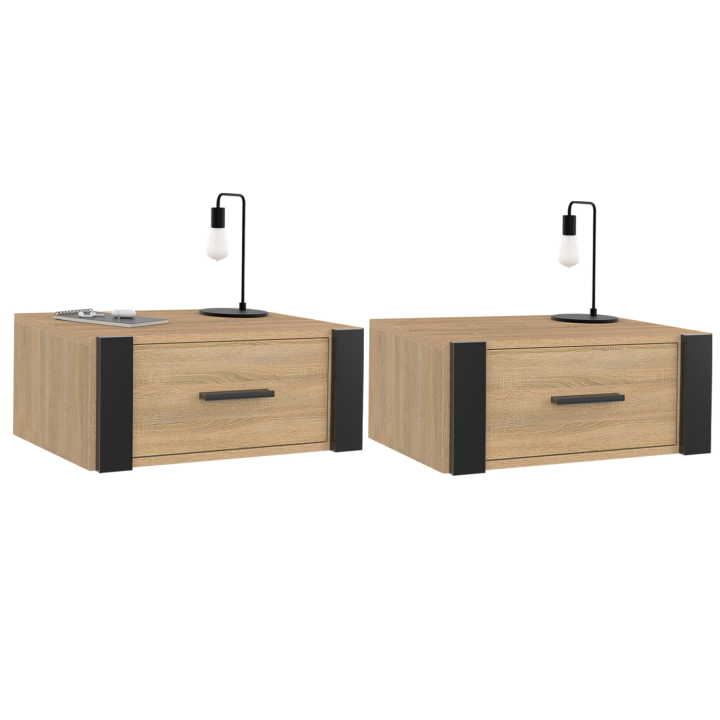 Lot de 2 tables de chevet murales ONYX étagère suspendue bois et noir