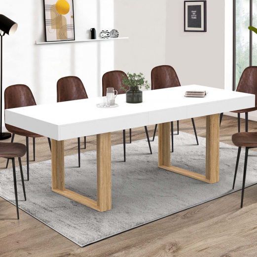 Table à manger extensible rectangle PHOENIX blanc pieds bois 160-200 cm