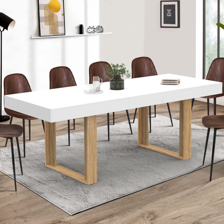 Table à manger extensible rectangle PHOENIX blanc pieds bois 160-200 cm