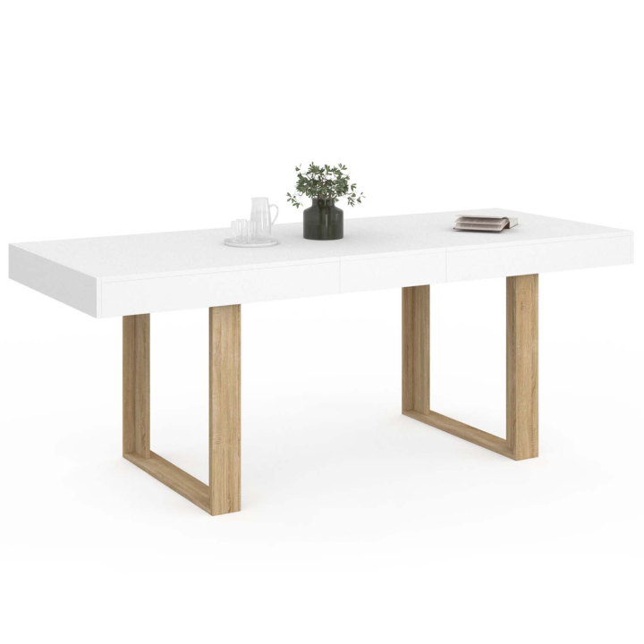 Table à manger extensible rectangle PHOENIX blanc pieds bois 160-200 cm