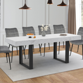 Table à manger extensible rectangle PHOENIX 6-10 personnes plateau effet marbre blanc ALASKA 160-200 cm