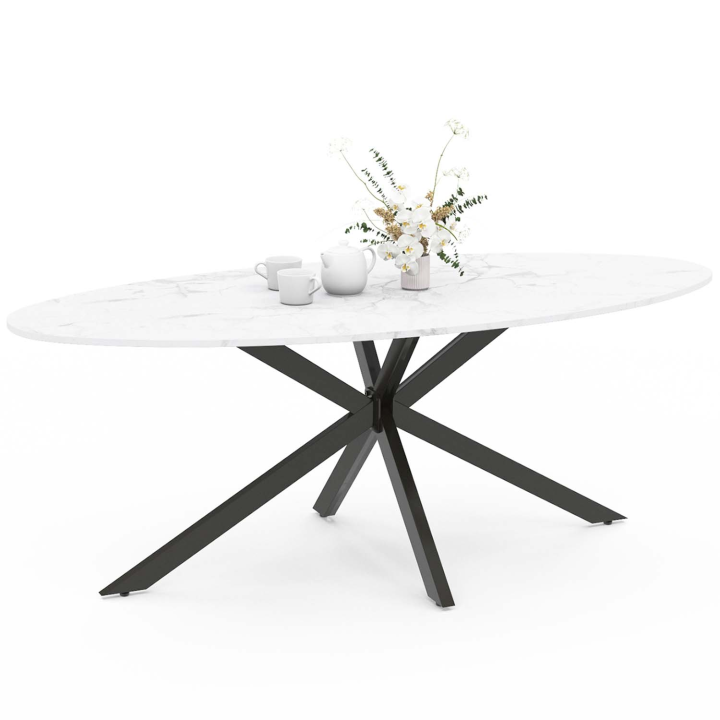 Mesa de comedor ovalada para 10 personas con tapa de metal negro y efecto mármol blanco - ALIX | ID Market