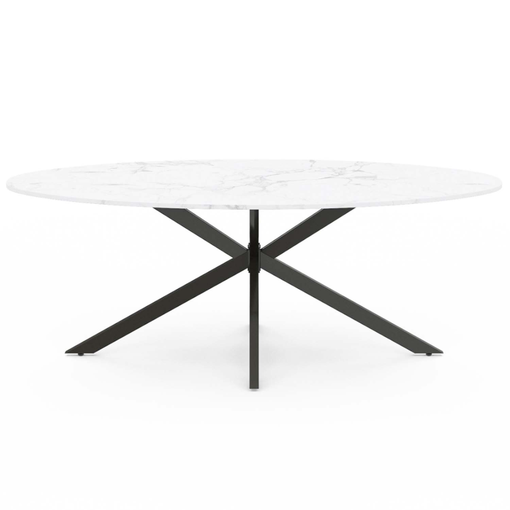 Mesa de comedor ovalada para 10 personas con tapa de metal negro y efecto mármol blanco - ALIX | ID Market