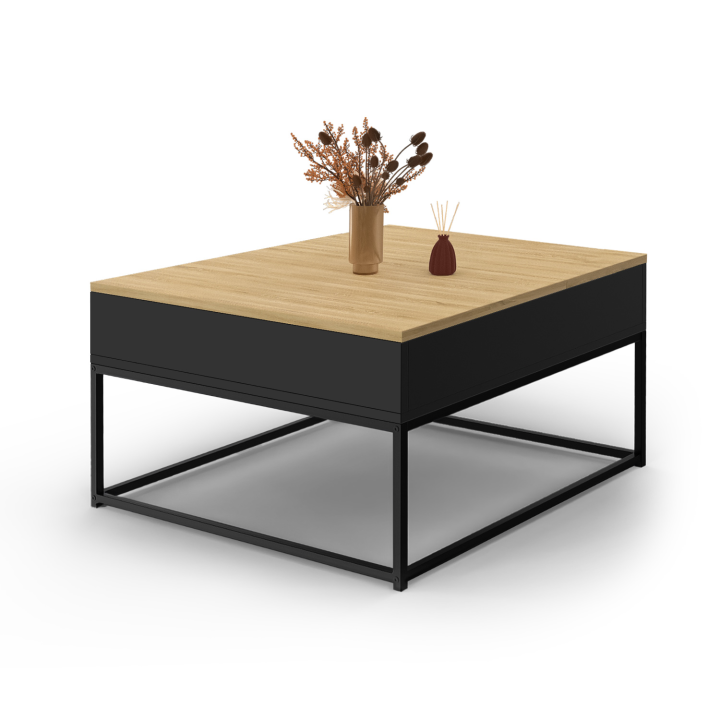 Table basse carrée noire plateau relevable façon hêtre BOSTON design industriel