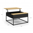 Table basse carrée noire plateau relevable façon hêtre BOSTON design industriel