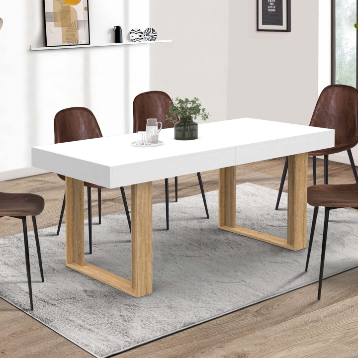 Table à manger extensible rectangle PHOENIX blanc pieds bois 160-200 cm