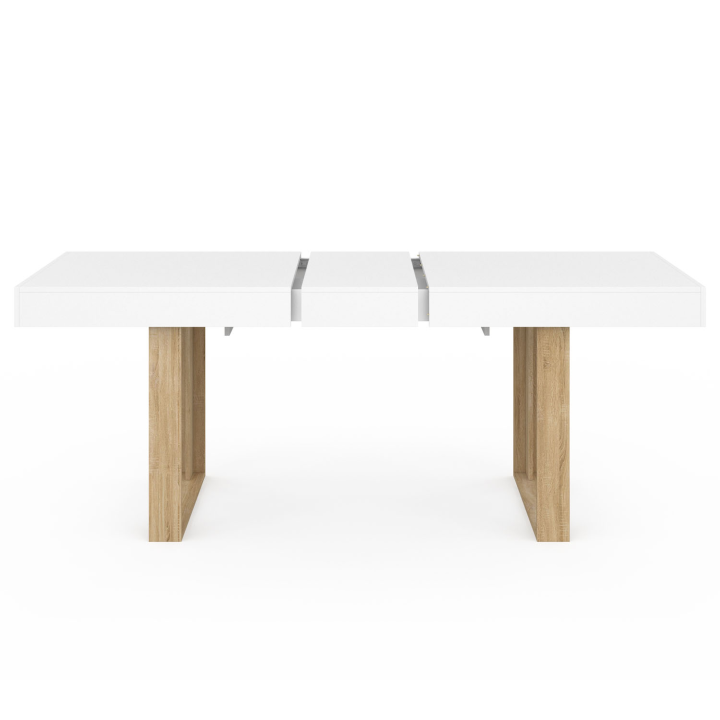 Table à manger extensible rectangle PHOENIX blanc pieds bois 160-200 cm