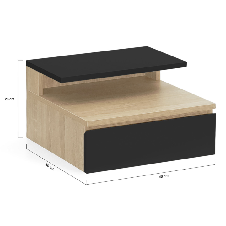 Lot de 2 tables de chevet murales TOMI étagère suspendue + 1 tablette bois façon hêtre et tiroir noir