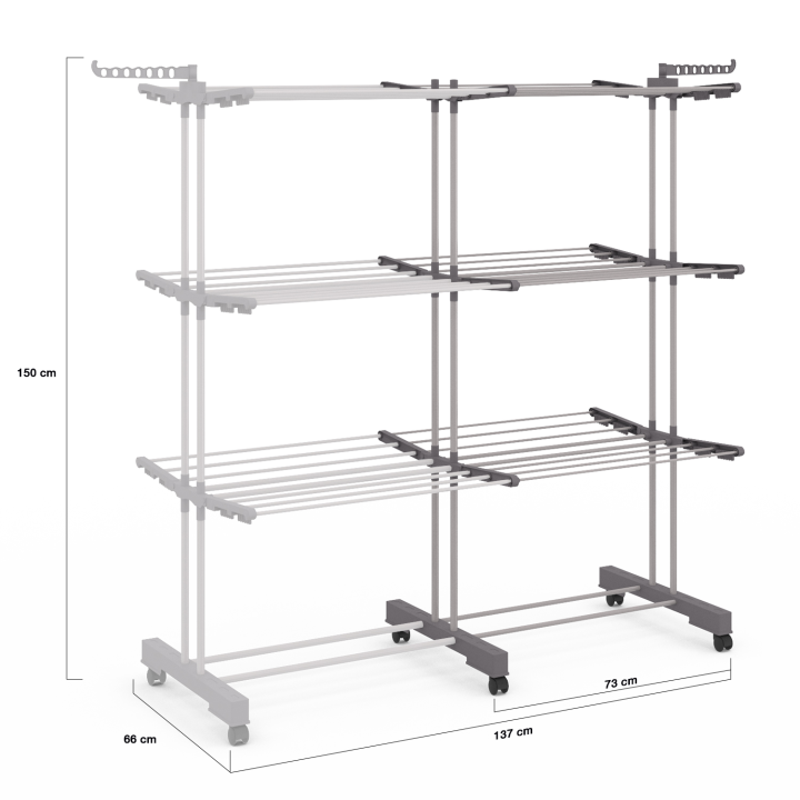 Séchoir à linge inox MAXI capacité gris double étendoir 3 niveaux rétractable et pliable