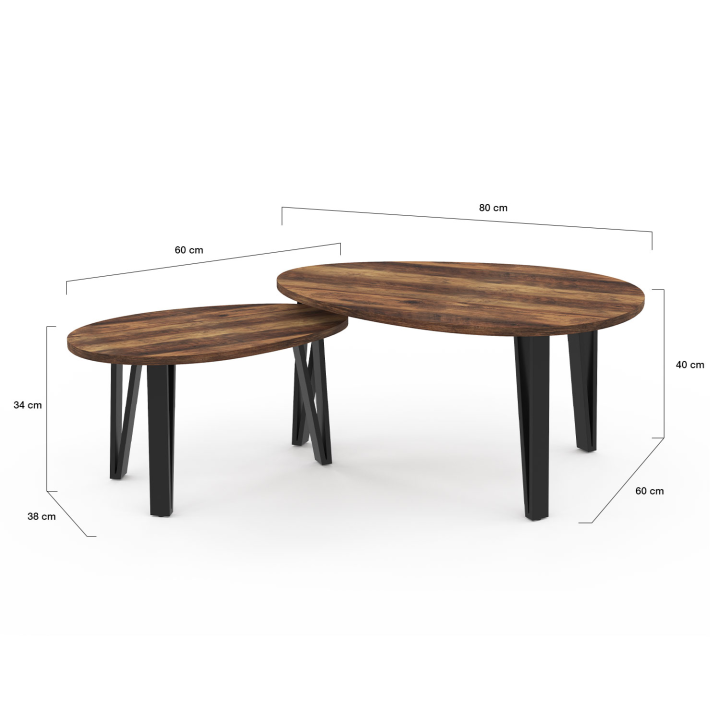 Lot de 2 tables basses gigognes AUSTRIA bois pied epingle noir