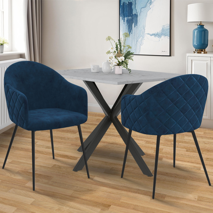 Lot de 2 chaises de salle à manger, fauteuils de table MOLY en velours gaufré bleu canard