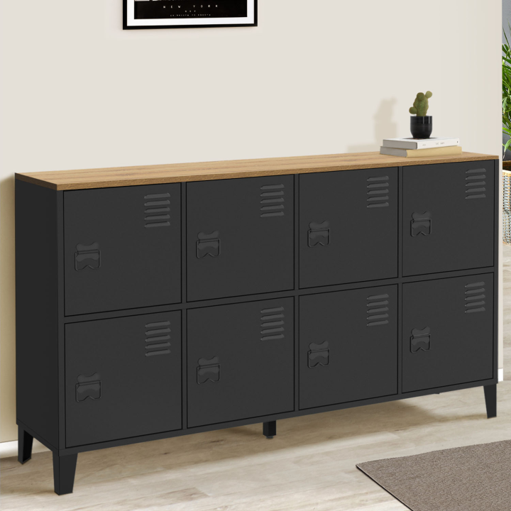 Buffet casier 139 cm ESTER 8 portes en métal noir plateau bois design industriel