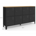 Buffet casier 139 cm ESTER 8 portes en métal noir plateau bois design industriel