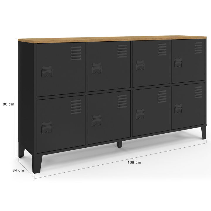 Aparador industrial de madera y metal negro con 8 puertas 139cm - ESTER | ID Market