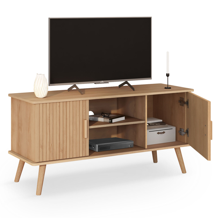 Meuble TV 110 cm JULIETTE effet lattes 2 portes