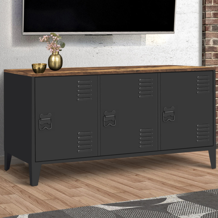 Aparador bajo ESTER 113 cm con 3 puertas de metal negro y encimera de madera oscura envejecida HAWKINS diseño industrial