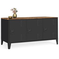 Aparador bajo ESTER 113 cm con 3 puertas de metal negro y encimera de madera oscura envejecida HAWKINS diseño industrial