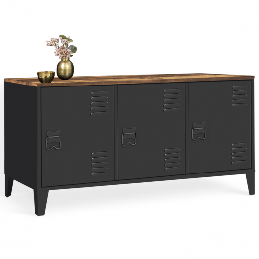 Buffet bas 113 cm ESTER 3 portes métal noir plateau bois foncé effet vieilli HAWKINS design industriel