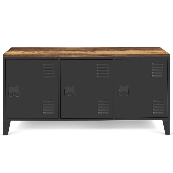 Aparador bajo ESTER 113 cm con 3 puertas de metal negro y encimera de madera oscura envejecida HAWKINS diseño industrial