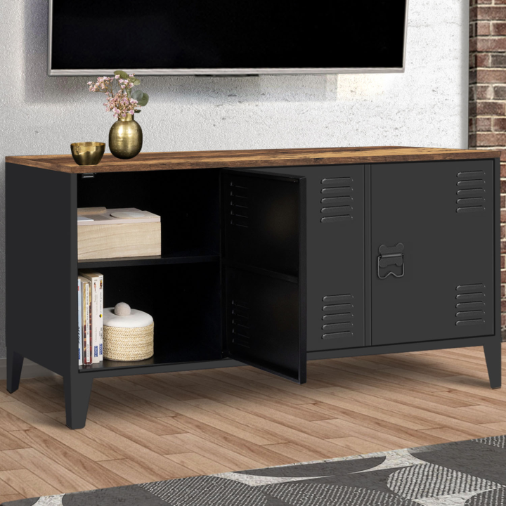 Aparador bajo ESTER 113 cm con 3 puertas de metal negro y encimera de madera oscura envejecida HAWKINS diseño industrial