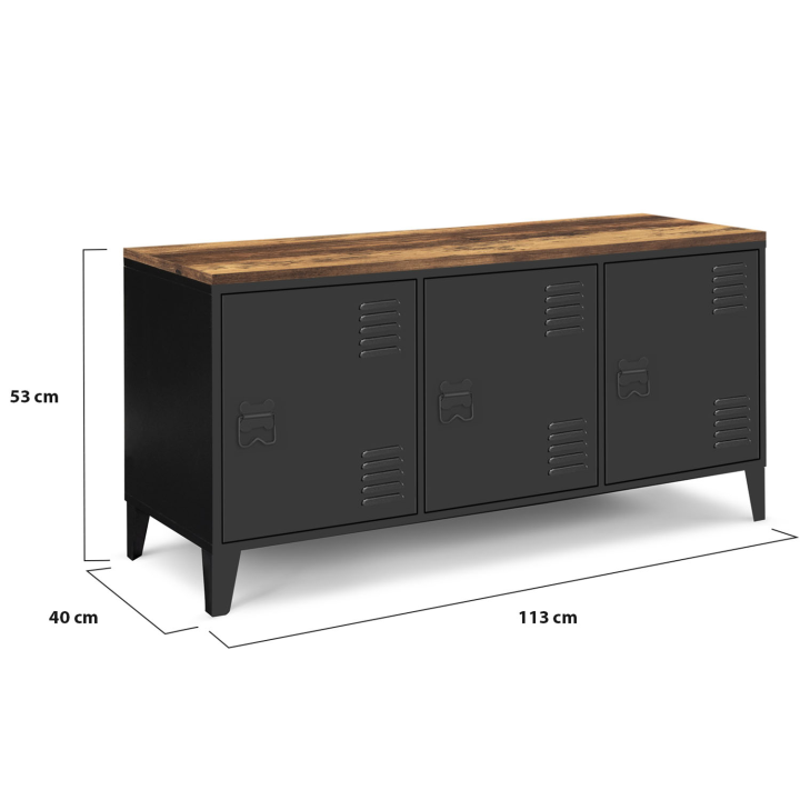 Aparador bajo ESTER 113 cm con 3 puertas de metal negro y encimera de madera oscura envejecida HAWKINS diseño industrial