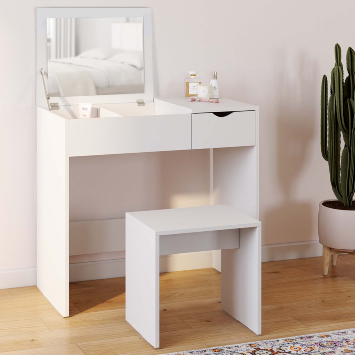 Coiffeuse ZELIA miroir rabattable avec 1 tiroir et 1 tabouret