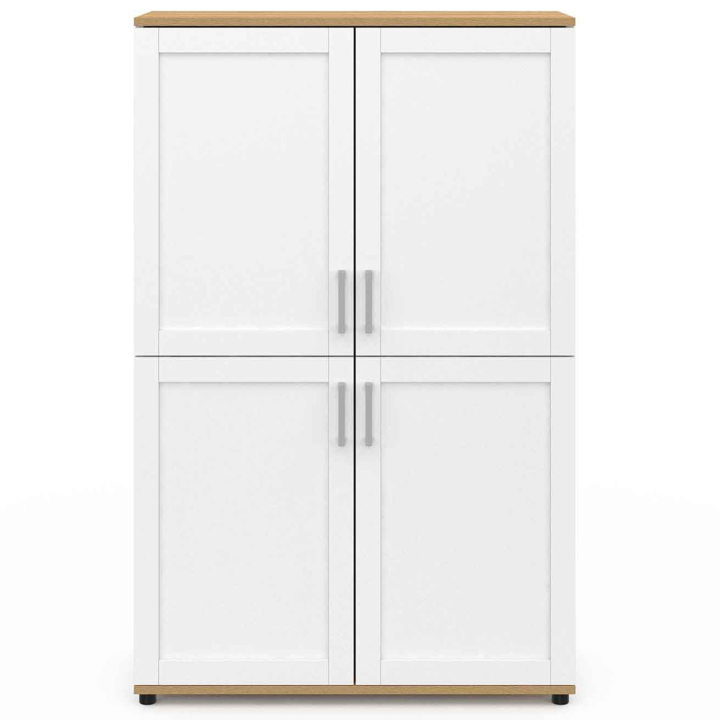 Buffet haut H. 125 cm VITO 4 portes blanc et bois