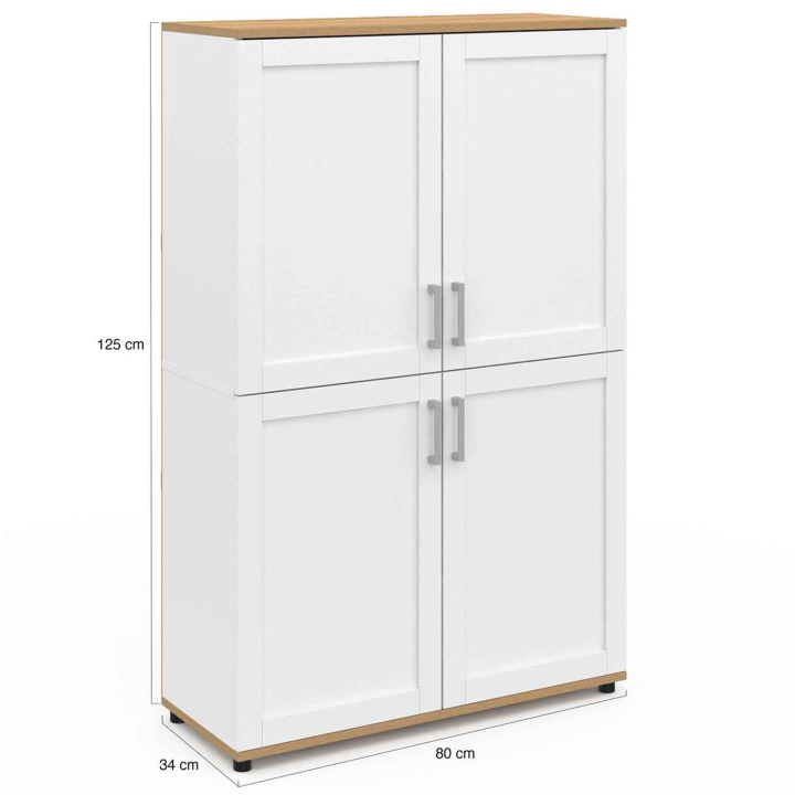 Buffet haut H. 125 cm VITO 4 portes blanc et bois