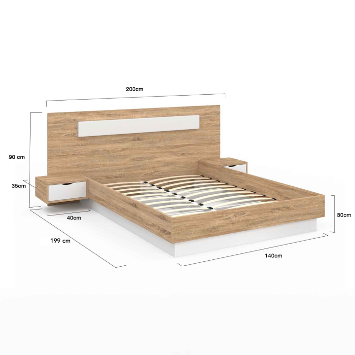 Lit double SANTA avec tables de chevets intégrées et sommier 140x190cm bois et blanc