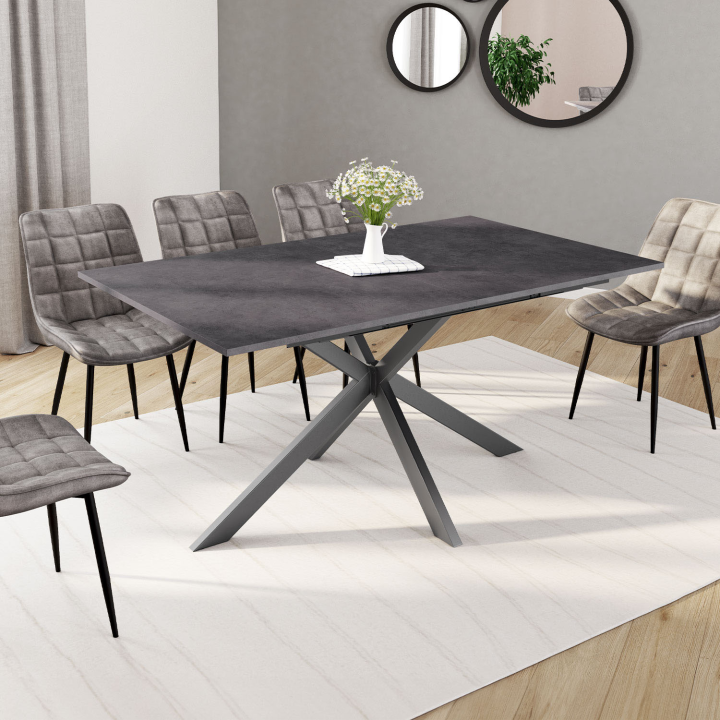 Table à manger extensible rectangle JASPE 6-10 personnes plateau effet béton pied araignée gris anthracite 160-200cm