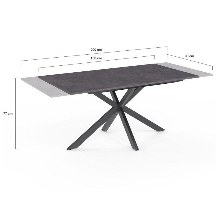 Table à manger extensible rectangle JASPE 6-10 personnes plateau effet béton pied araignée gris anthracite 160-200cm