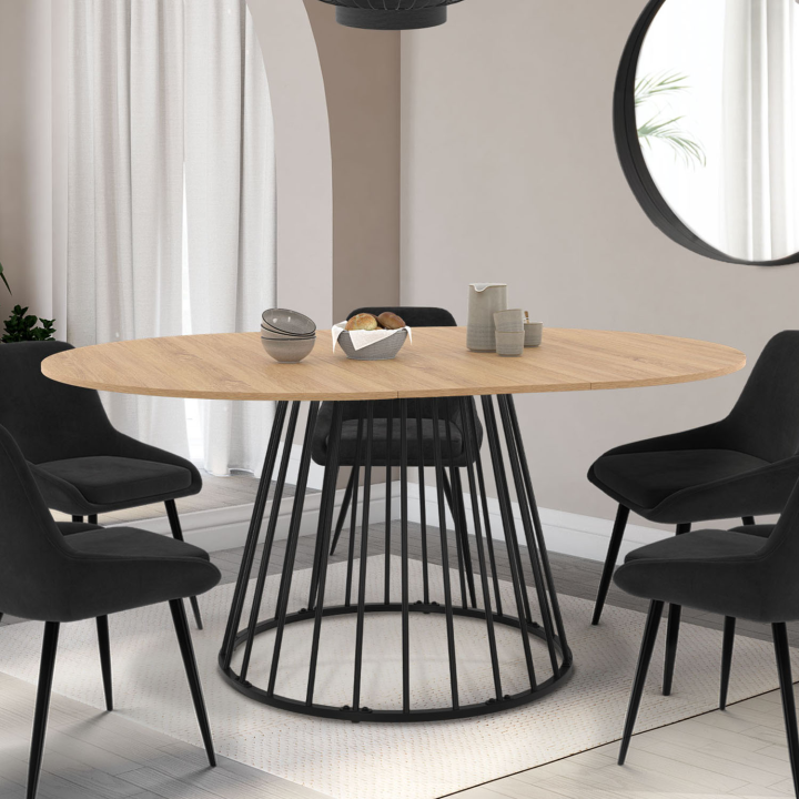 Table à manger extensible ronde YUNA 6-8 personnes plateau bois et pied filaire en métal noir 110 - 150 cm