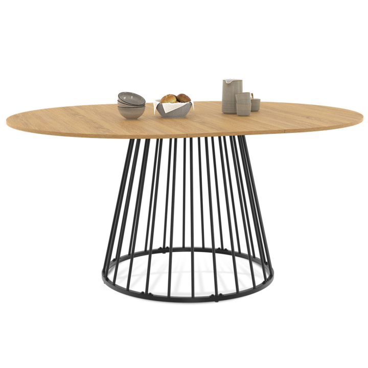 Table à manger extensible ronde YUNA 6-8 personnes plateau bois et pied filaire en métal noir 110 - 150 cm