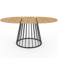 Table à manger extensible ronde YUNA 6-8 personnes plateau bois et pied filaire en métal noir 110 - 150 cm