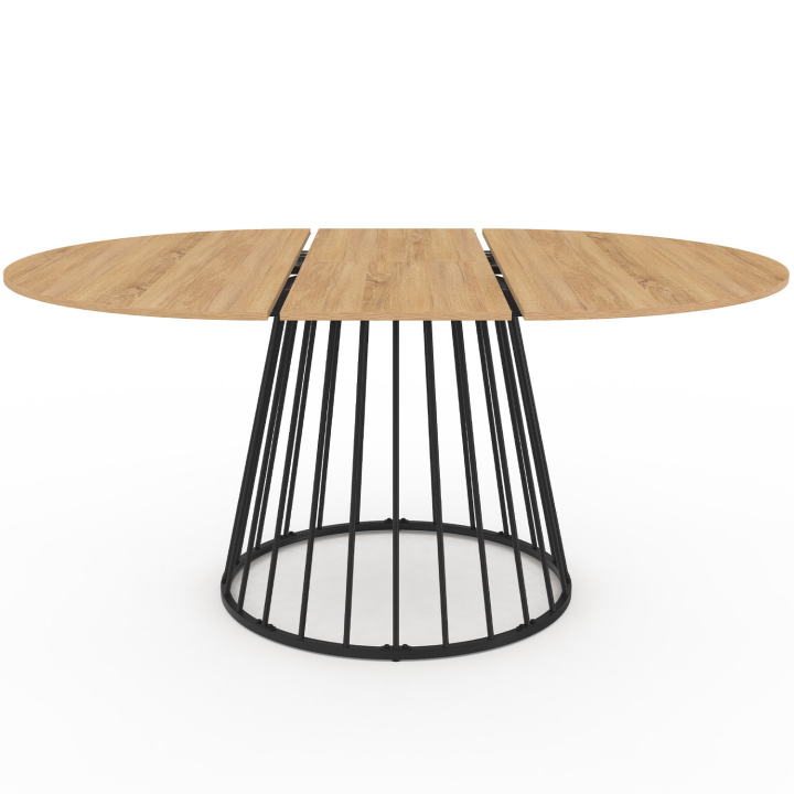 Table à manger extensible ronde YUNA 6-8 personnes plateau bois et pied filaire en métal noir 110 - 150 cm