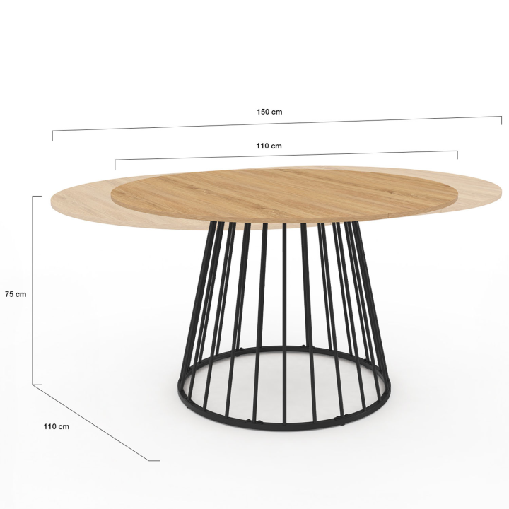 Mesa de comedor redonda extensible 6-8 personas 110-150cm madera y pata alambrada negra - YUNA | ID Market